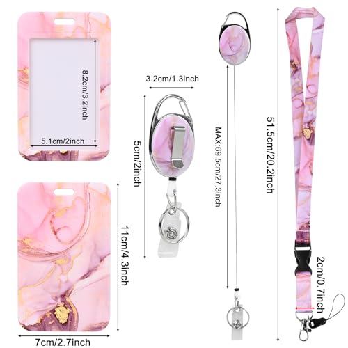 Image of Pink Marble ID Badge Holder, Lanyard with Release Buckle,Heavy Duty Badge Reel,Detachable Keychain, for Nurse Officer Teacher Security Staff Women Men