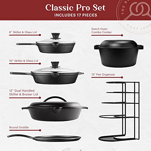 Image of Cuisinel Cast Iron 17-Piece Preseasoned Cookware Set - 8 inch+10 inch Skillets + Lids + 5-Quart Dutch Oven + 12 inch Braiser with Cast Iron Lid + Round Griddle + 15 inch Organizer Rack + Pan Scraper + Silicone Handle