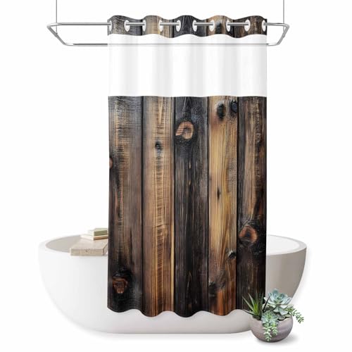 LXCPBNQT No Hook Shower Curtain, Vintage Brown Wood Grain Waterproof Bathtub Curtain with See Through Top Window, Country Farm Wood Planks Quick Dry Shower Curtains for Bathroom Hotel 36x72IN