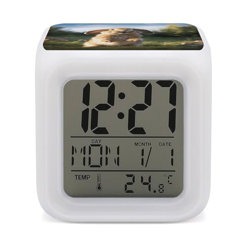 RTFGHJS Reloj despertador, lindo conejo divertido LED alarma digital con 7 colores luz nocturna pequeña pantalla LED digital reloj digital temperatura y calendario de viaje relojes electrónicos para