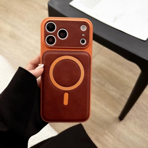 Étui en cuir brillant pour iPhone 16 Pro, coque rétro chic orange