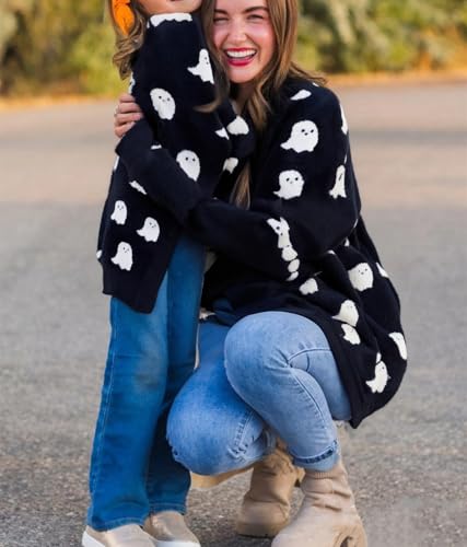 Mommy and Me Halloween Cardigan Pumpkin Embroidery Long Sleeve Open Front Knit Sweater Family Matching Outfits4