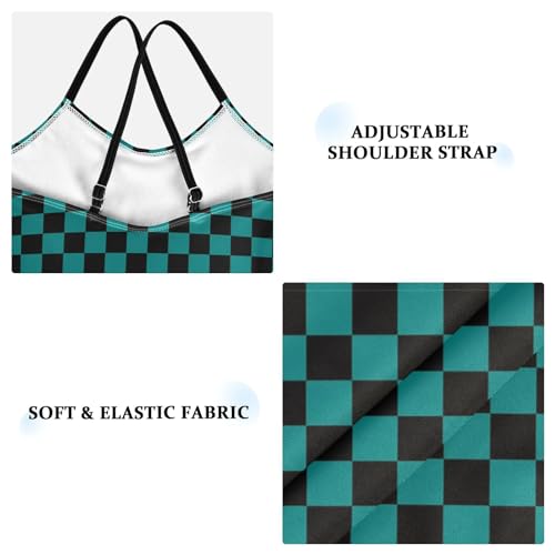 Checkerboard Girls One Piece Swimsuits Black Teal Sport Halter Swimwear Beach Bathing Suit 4T3