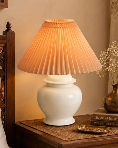 Image of Homesake White Ceramic Table Lamp for Bedroom Living Room,Incandescent,Modern Bedside Lamps Light,Nightstand for Home Office,Minimalist Nordic Style Accent Lighting Decor, (Jute Pleated Shade)
