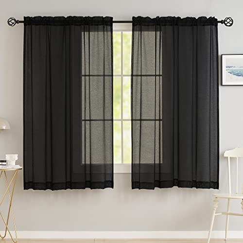 Image of MYSTIC-HOME Window Curtains Black Sheer 54 Inches Long 2 Panels Tulle for Bedroom Panel Sets Rod Pocket Living Room Kitchen Yard 52 W x 54 L