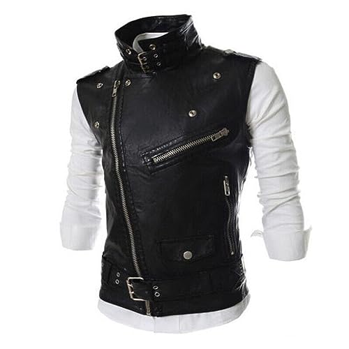Black Leather Vest Men Motorcycle Moto Sleeveless Brando Style SlimFit