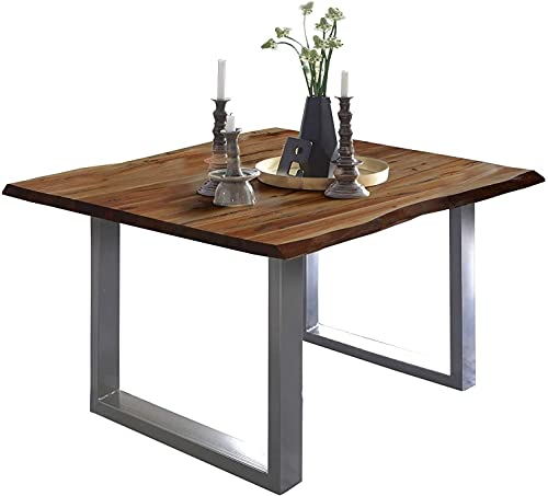 SAM Baumkantentisch 80x80 cm Mephisto, Akazienholz massiv + nussbaumfarben lackiert, Esstisch mit Silber lackiertem U-Gestell, Esszimmertisch/Holztisch, Tischplatte 26 mm