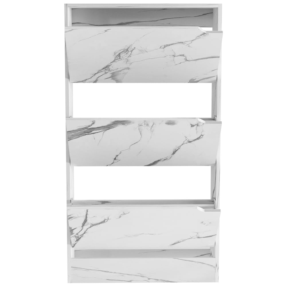 BAKAJI Scarpiera Portascarpe in Legno MDF con 3 Ante Porta Scarpe a Ribalta Maniglie a Scomparsa Doppia Profondità Dimensioni Compatte Slim 63 x 24 x 115 cm Salvaspazio Ingresso Casa (Marmo)