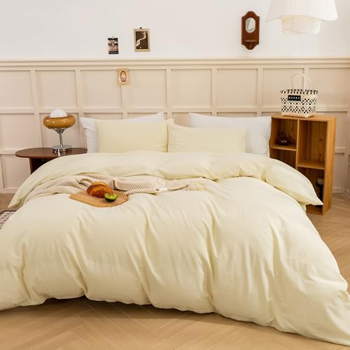 Image of ECOCOTT Duvet Cover King Size, 100% Washed Cotton Linen-Like Soft & Breathable, Durable Comfy Bedding Set for All Seasons Light Yellow