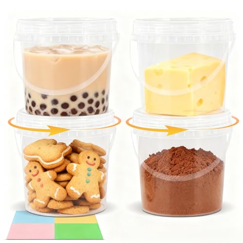 UMETASS 4Pack 34oz Clear Bucket with Lids - Plastic Food Storage Containers Airtight Screw-On Lids - Freezer Safe Ice Cream Bucekts Food Grade Reusable Containers for Kitchen