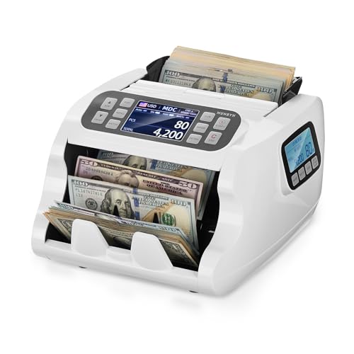 MUNBYN IMC22 Money Counter Machine Mixed Denomination, Dual-Display, CIS/UV/IR/MG Counterfeit Detection Bill Counter, USD, MXN, COP, CAD Cash Counter for Business, Merchant, 2Y Protect (White)