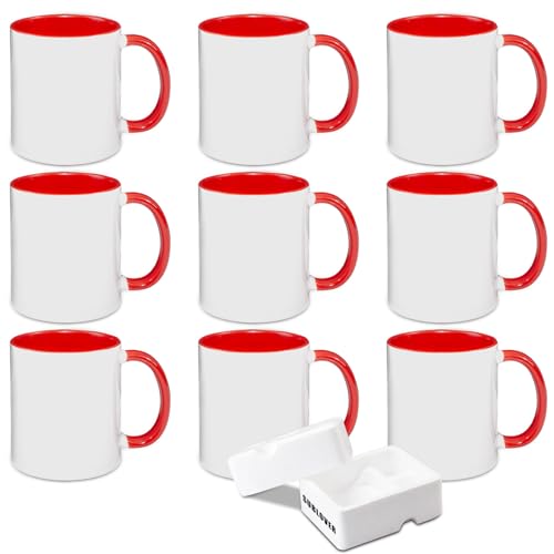 SUBLOVER Set of 9 Sublimtion Blanks Ceramic White Tazas Para Coffee Mugs 11OZ Sublimation Cups Bulk For Christmas for Mug Press Machine,Color Inner and Handle(Red)