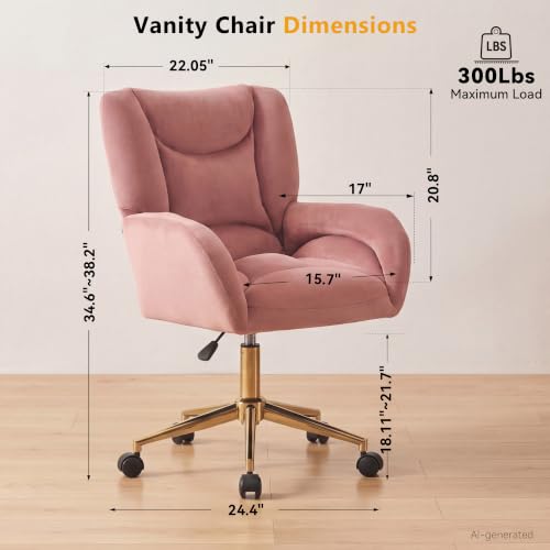 Image of FOXHUNTER Vanity Chair with Ergonomic Back & Wheels, 360 Swivel Accent Chair, Adjustable Height Home Office Chair for Living Room, Bedroom(Velvet Pink)
