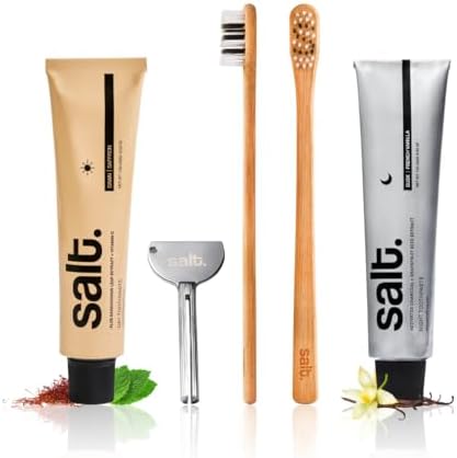 Salt Oral Care Dawn Day & Dusk Night Toothpaste Duo with Squeezer Key + Eden Biodegradable Bamboo Toothbrush (Set of 2) | Nano Hydroxyapatite Toothpaste | Eco-Friendly Day & Night Oral Care Kit for Men & Women
