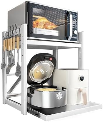 Adjustable 2-Tier Kitchen Counter Shelf with Pull-Out Tray, Metal Microwave and Rice Cooker Storage Rack Organizer, Gray (L: 22.8") for Space-Saving Solutions