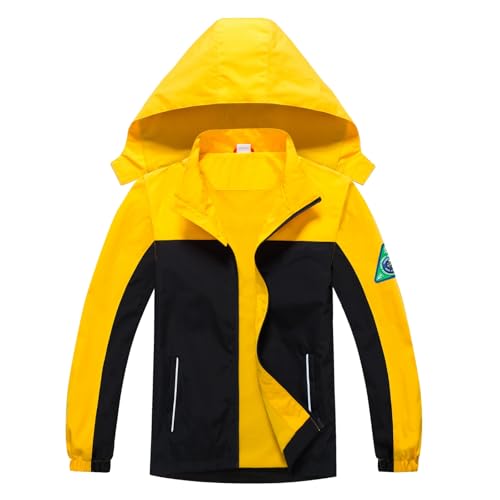 MUMRAP Chaquetas impermeables para niños con capucha, chubasquero ligero para niños y niñas, chaqueta cortavientos para niños, Negro, amarillo, 12-14 Years