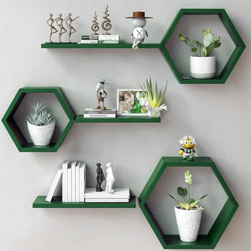 Image of Wooden Floating Wall Mounted Set of 6 Hexagon Shelves Display Shelf for Photos, Plants, Rustic Honeycomb Shelves for Living Room, Bedroom, Bathroom, Kitchen, Office (Green)