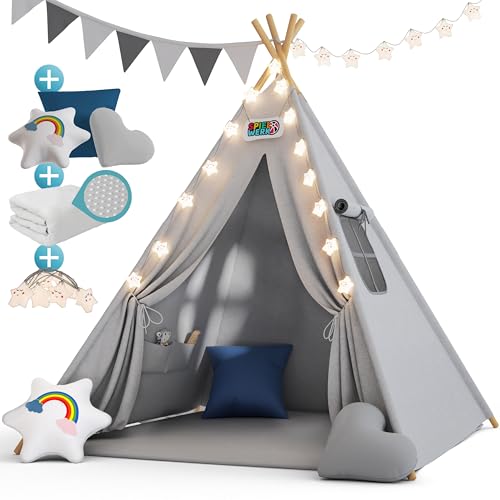 Spielwerk® Tipi Enfant Gris avec Tapis Tente de Jeu Enfants Guirlande Lumineuse Tapis de Jeu 3 Coussins Chambre d'enfant