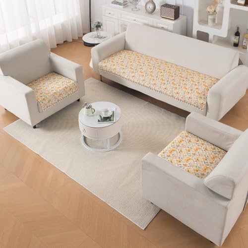 Image of HOKIPO Sunlit Butterfly Quilted Sofa Cover 5 Seater Set - Washable 3+1+1 Sofa Cover Mat with Tassel Design | 'Tassel Twigs' Series (IN-985-T3 + IN-982-T3*2)