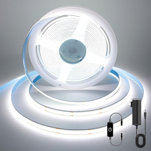 Image of COB LED Strip, 16.4ft White LED Strip Light, Dimmable LED Light Strip 6000K Bright Daylight White, CRI92+, 8mm Width, 24V Flexible LED Tape Light for TV, Bedroom, Kitchen Cabinet, Closet, Home.