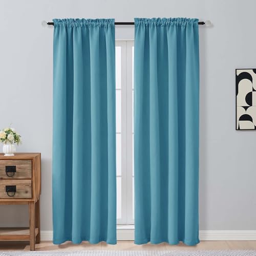 Image of Turquoise Blackout Curtains for Bedroom 84 Inch Length 2 Panels Set, Thermal Insulated Curtains for Living Room Nursery, Dual Rod Pocket Window Drapes for Patio French Door Front Door, 2x40Wx84L