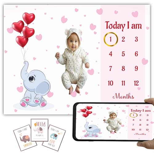 Image of Baby Monthly Milestone Blanket | 1-12 Months | Soft All-Season AC Blanket | Ideal for Newborn Boys & Girls | Perfect Growth Tracker & Photoshoot Prop with Lovable Elephant | 120x90 cm
