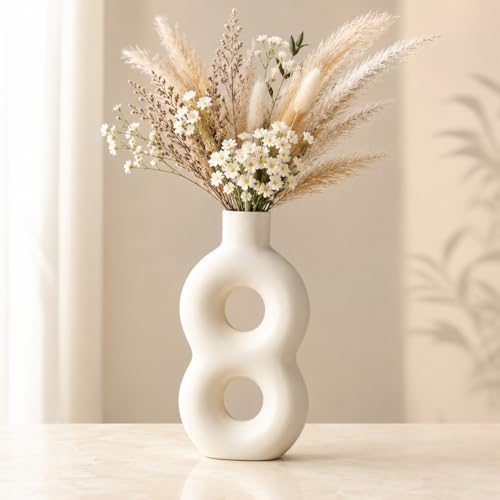 Image of Ceramic Flower Vase for Home Decor - Off White Matte Finish Abstract Hollow Design 23cm - Decorative Vase for Pampas Grass, Artificial Flowers, Living Room & Bedroom