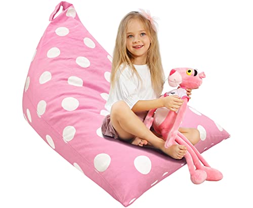 Aubliss Stuffed Animal Storage Bean Bag Chairs Cover, 50"X 35" Extra Large Bean Bags Chair For Kids & Adults, Beanbag Toy Storage For Boys Girls - Premium Cotton Canvas Pink Dot #TOP19
