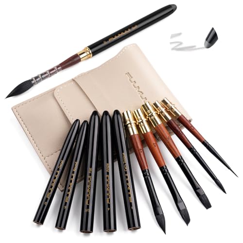 Travel Watercolor Brushes, Fuumuui Professional 6pcs Natural Soft Squirrel Hair Watercolor Travel Brush Set with Graphite Tip Pen Perfect for Watercolor Gouache Ink Painting Black-6pcs