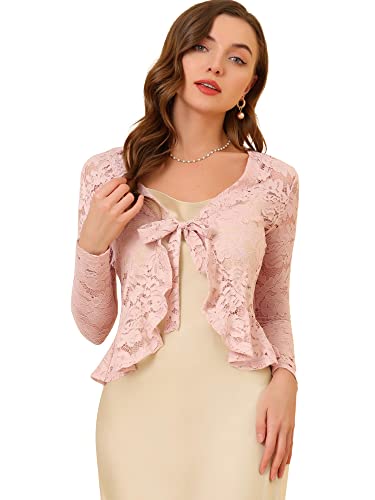 Allegra K Floral Lace Shrug For Women's Tie Front Top Ruffled Hem Office Sheer Crop Bolero Cardigan X-Small Pink #TOP7
