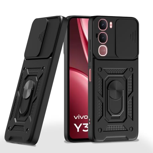 Image of Pikkme Back Cover for Vivo Y31 5G | 360 Protection Case | Sliding Camera Shield Cover & Ring Holder Stand D10 Tough Armor Bumper Case (Black)