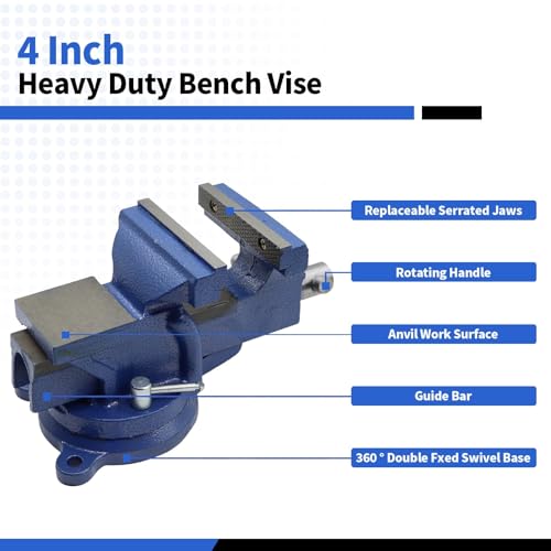 Nakkaa 4\" Bench Vise Ductile Cast Iron Bench Vise with 360° Flexible Swivel Locking Base Heavy Duty Home Work 4 Inch Bench Vice