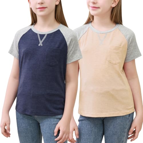 Image of GORLYA 2 Pack Girls Contrast Raglan Sleeve T-Shirt Casual Simple Basic Tee Tops with Pocket for 8-16Y