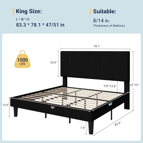 Image of Allewie King Bed Frame, Corduroy Tufted Headboard, Black