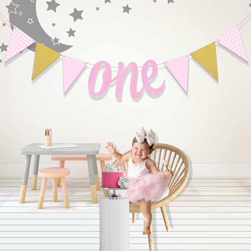Image of Rozi Decoration Pink One Bunting Banner for First Birthday Parties Decorations, One Bunting Banner for 1st Birthday, Baby Girl Birthday Decoration Kit 1 Year Pack of 1 Set
