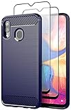 Samsung Galaxy A20 Case with Tempered Glass Screen Protector [2 Pack],Teayoha Carbon Fiber Scratch Resistant, Shock Absorption Soft TPU Drawing Protective Cases Cover for Galaxy A20/ A30 - Blue