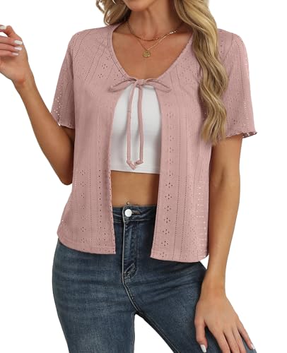 Image of Womens Tie Front Cardigan Lightweight Short Sleeve Cardigans for Women Trendy Open Front