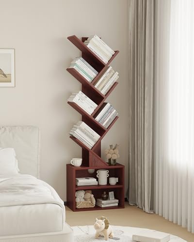 Image of SUNMORY 6 Tier Tree Bookshelf, Tall Small Bookcase with Storage Cabinet | Narrow Bookshelves Organizer, Floor Standing Book Case Shelf for Bedroom Living Room Home Office Corner, Cherry