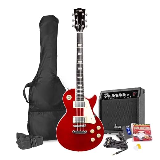 MAX GigKit de Guitarra Eléctrica Estilo LP para principiantes o profesionales. Guitarra diseño LP con pastillas Humbucker, afinador digital, funda de guitarra, correa, cuerdas de repuesto, púas. Rojo