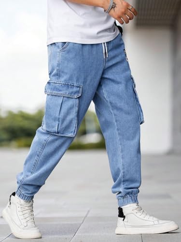 Verdusa Men's Elastic Waist Drawstring Denim Cargo Pants Joggers with Pockets3