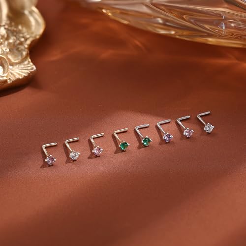 Dochais 14K Gold Filled Sterling Silver L Shaped Nose Rings 20G Nose Studs Clear Colorful Diamond CZ Nose Ring Studs Hypoallergenic Nose Piercings Birthstone Jewerly for Women Men Gold Silver - Thumbnail 7