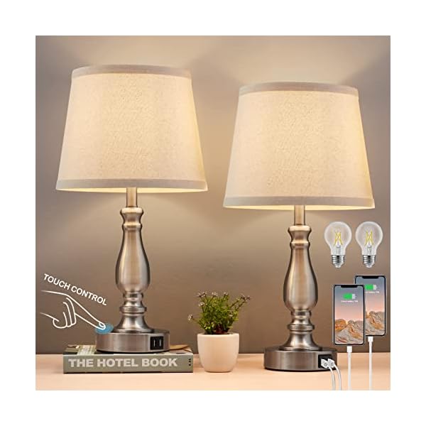 Lamps for Bedrooms Set of 2, Brushed Nickel Bedside Lamps with USB C+A Ports, 3 Way Dimmable Nightstand Lamps with Fabric Lampshade, Touch Table Lamp for Living Room Bedroom Office, Bulbs Included