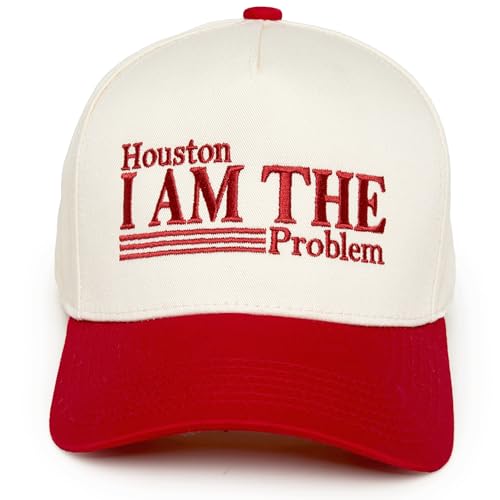 Funky Junque Vintage Embroidered Cute Trucker Hat for Women Adjustable Snapback Cap - Houston I Am the Problem - Beige/Red