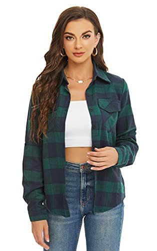 Ietaoo Karierte Bluse Damen Karohemd Langarmshirt Casual Boyfriend Hemd Oberteile Button Down Hemdbluse Plaid Shirt Top Grün Navy S