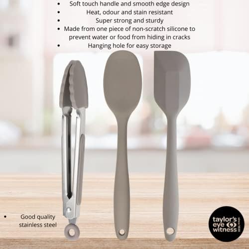 Taylors Eye Witness Grey Silicone Spoon, Spatula and Tongs Set - Dishwasher Safe. Sturdy Build, Non-Scratch Heads. Handy Utensil Kitchen Tool Trio. Odour, Stain & Heat Resistant. 5 Year Guarantee.