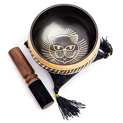 HIMALAYAN BAZAAR - Juego de cuencos tibetanos para cantar - Diseño de gato fácil de jugar, meditación consciente de 7 chakras sonido curativo regalo hecho a mano Cover