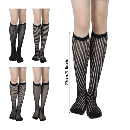 4 Pairs Lace Knee High Socks, Stretchable Semi Sheer Calf Lace Socks, Black Hollow Fishnet Knee High Sock, Stylish Sexy Sheer Mesh Knees Highs Tights Stockings for Women Girls2