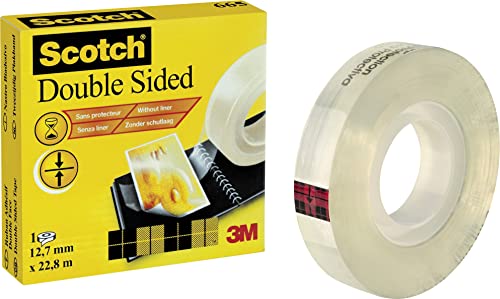 Scotch Cinta Adhesiva de Doble Cara - 1 Rollo de 12 mm x 22,8 m, Transparente - Adhesivo Permanente por Ambas Caras - Fuerte, Duradera y Segura para Fotos