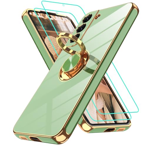 Gritup for Samsung Galaxy S22 Case: with 2Pcs Screen Protector, 360° Rotation Ring Holder Magnetic Kickstand, Plating Gold Edge Soft TPU Shockproof Protective Cover for Galaxy S22, Pea Green