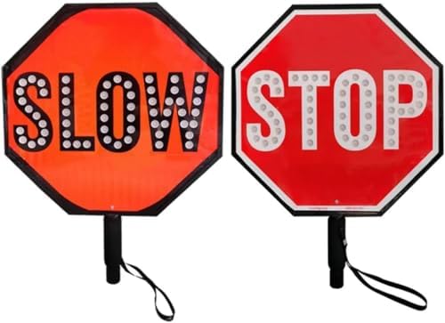 Double-Sided Handheld Stop-Slow Traffic Sign with Reflective Surface, Rechargeable LED Light, Steady/Flashing Modes for Enhanced Road Safety